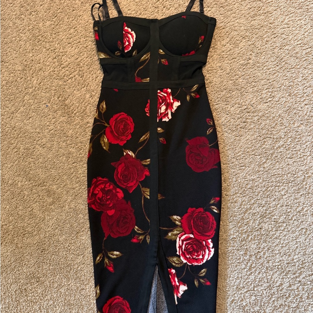Material Girl Black Midi Dress with Red Rose Print